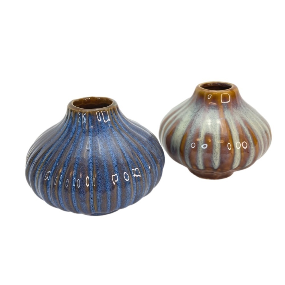 Pair of Mini Pottery Vases Blues & Brown Glaze